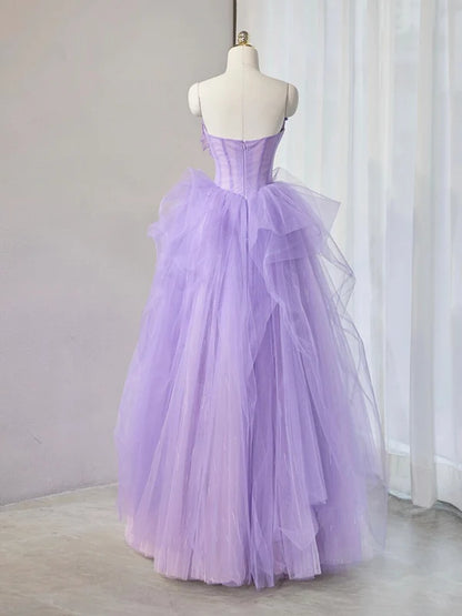 Purple Sweetheart Neck Tulle Applique Long Prom Dress, Purple Long Sweet 16 Dress TH371
