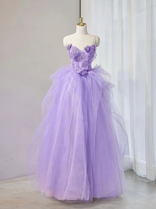 Purple Sweetheart Neck Tulle Applique Long Prom Dress, Purple Long Sweet 16 Dress TH371
