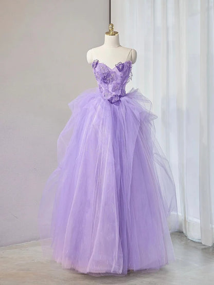 Purple Sweetheart Neck Tulle Applique Long Prom Dress, Purple Long Sweet 16 Dress TH371
