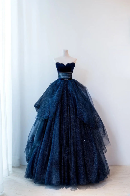 Elegant A-line Strapless Dark Blue Evening Dress Pleated Tulle Prom Dress TH384