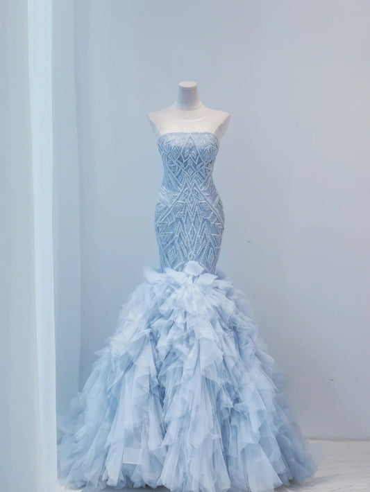 Elegant Mermaid Strapless Blue Evening Dress Beaded Tulle Prom Dress TH386