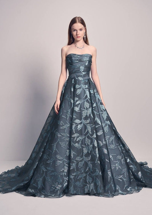 Elegant A-line Blue Long Evening Dress Off-the-shoulder Organza Prom Dress TH057