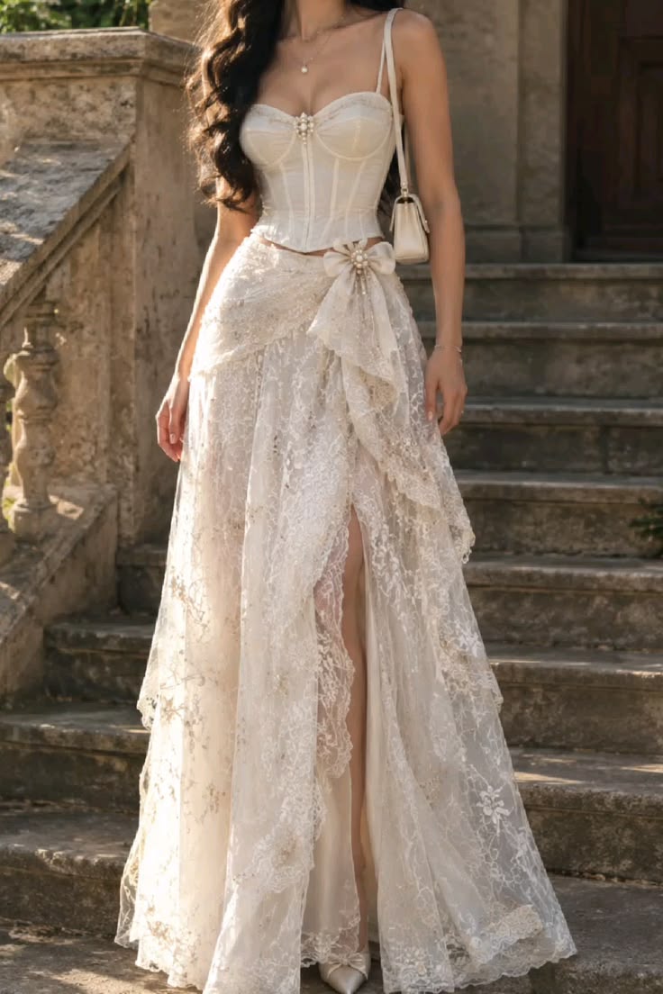 Ethereal Spaghetti Straps White A-line Prom Dress Lace High Slit Wedding Dress TH062