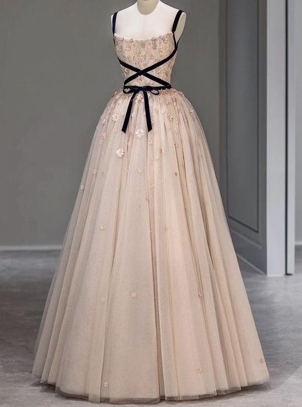 Elegant A-line Champagne Spaghetti Straps Long Evening Dress Tulle Prom Dress TH064