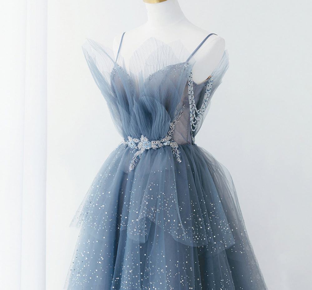 Gorgeous Blue Sparkly Tulle Beaded Prom Dress, Tiered Formal Gown With Rhinestone Tp01