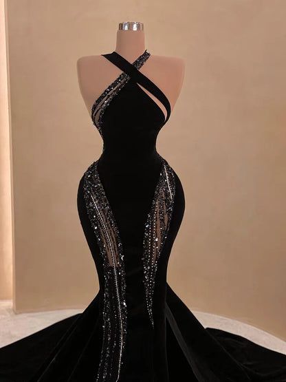 Sexy Black Halter Neck Long Mermaid Velvet Evening Dresses TP10