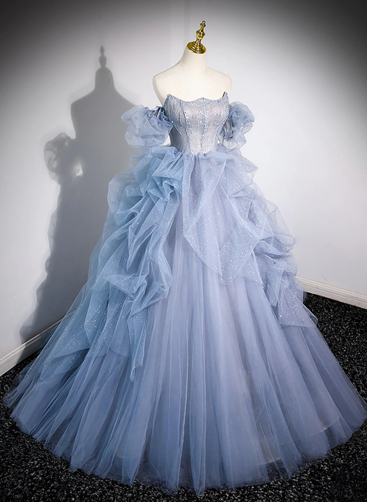 Blue Tulle Beaded Off Shoulder New Style Prom Dress, Blue Evening Dress Formal Dress TP1103
