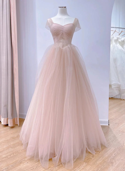 Pink Tulle Short Sleeves A-line Long Evening Dress, Pink Tulle Prom Dress TP1108