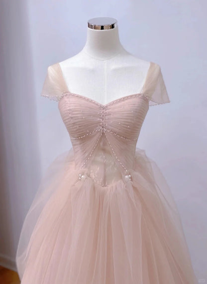 Pink Tulle Short Sleeves A-line Long Evening Dress, Pink Tulle Prom Dress TP1108