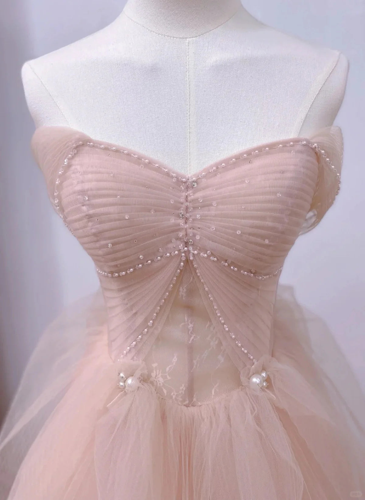Pink Tulle Short Sleeves A-line Long Evening Dress, Pink Tulle Prom Dress TP1108