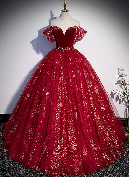 Wine Red Ball Gown Tulle Sweetheart Prom Dress, Wine Red Tulle Sweet 16 Dress TP1115