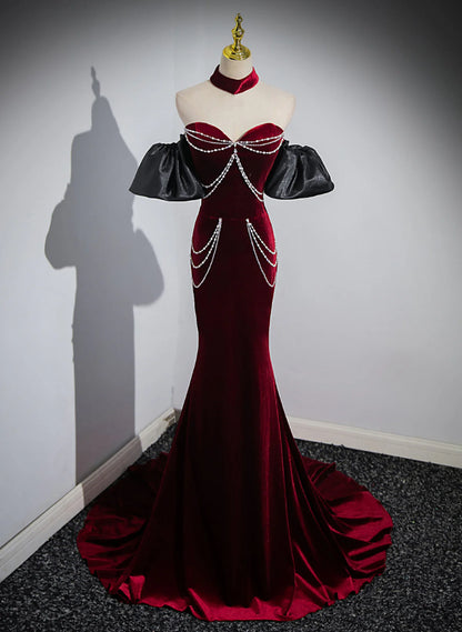 Off Shoulder Wine Red Mermaid Long Party Dress, Wine Red Velvet Prom Dress TP1119