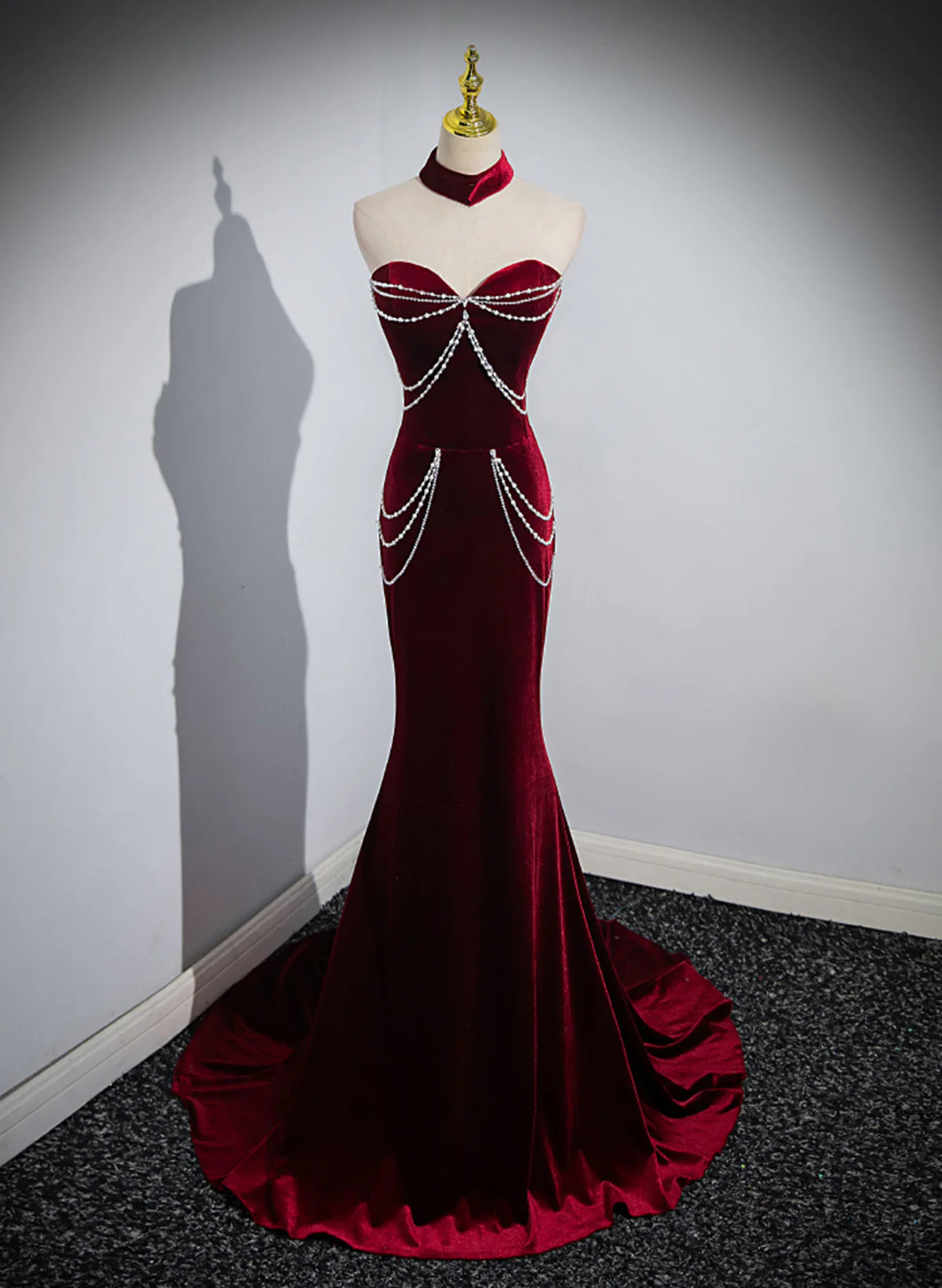 Off Shoulder Wine Red Mermaid Long Party Dress, Wine Red Velvet Prom Dress TP1119
