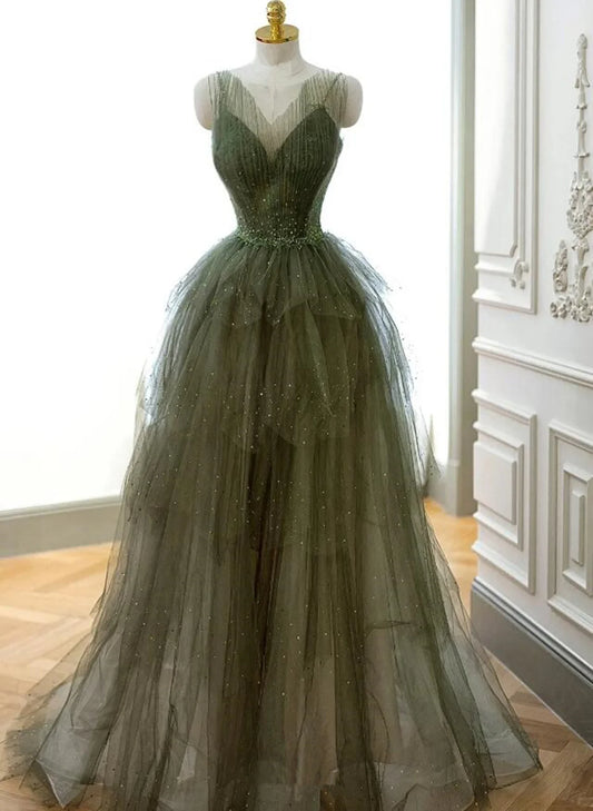 Green Tulle Beaded Straps Long Evening Dress, Green Tulle Prom Dress Party Dress TP1120