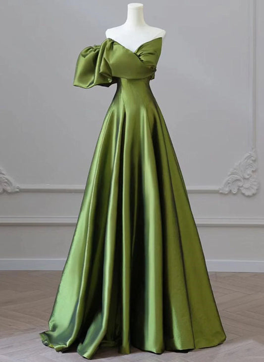 Green One-Shoulder Short Sleeves Backless Sweep Train Prom Dress, Green Party Dress TP1122