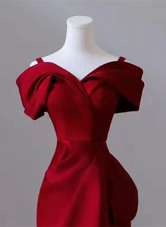Wine Red Satin Off Shoulder Long Evening Dress, Wine Red Formal Dress Prom Dress TP1123