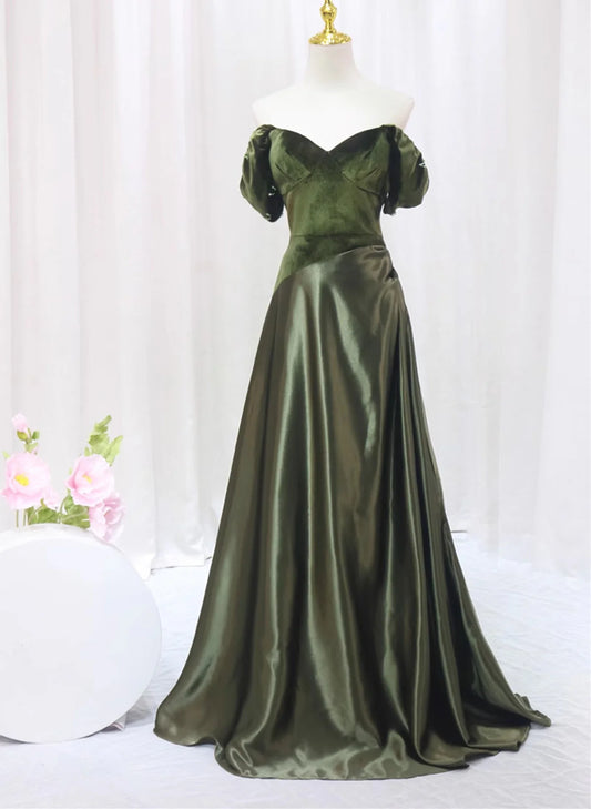 Green Velvet and Satin Off Shoulder Long Party Dress, Green Evening Dress Prom Dress TP1124