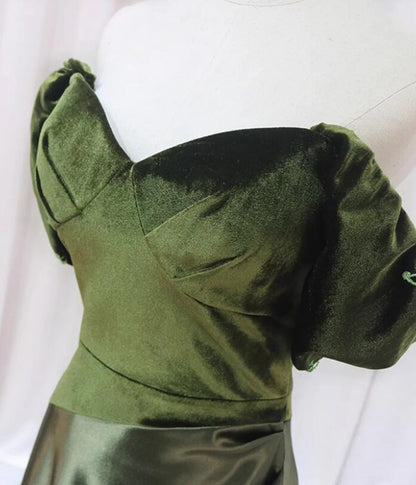 Green Velvet and Satin Off Shoulder Long Party Dress, Green Evening Dress Prom Dress TP1124