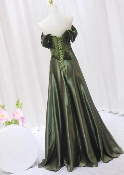 Green Velvet and Satin Off Shoulder Long Party Dress, Green Evening Dress Prom Dress TP1124