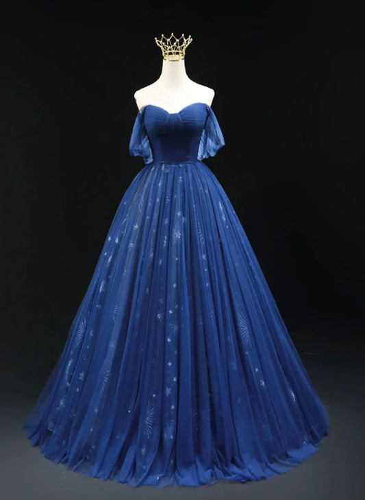 Navy Blue Tulle Sweetheart Long Formal Dress, A-line Navy Blue Evening Dress Prom Dress TP1125
