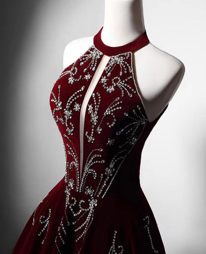 Beautiful Wine Red Velvet Long Evening Dress, Beaded Wine Red Party Dress Formal Dress TP1127