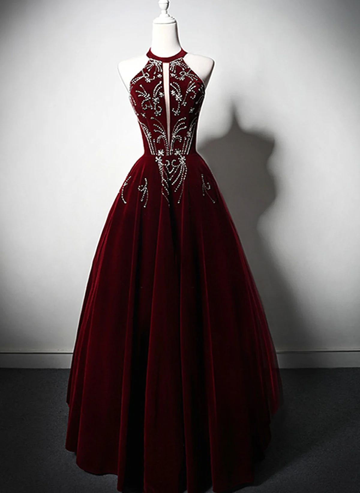 Beautiful Wine Red Velvet Long Evening Dress, Beaded Wine Red Party Dress Formal Dress TP1127