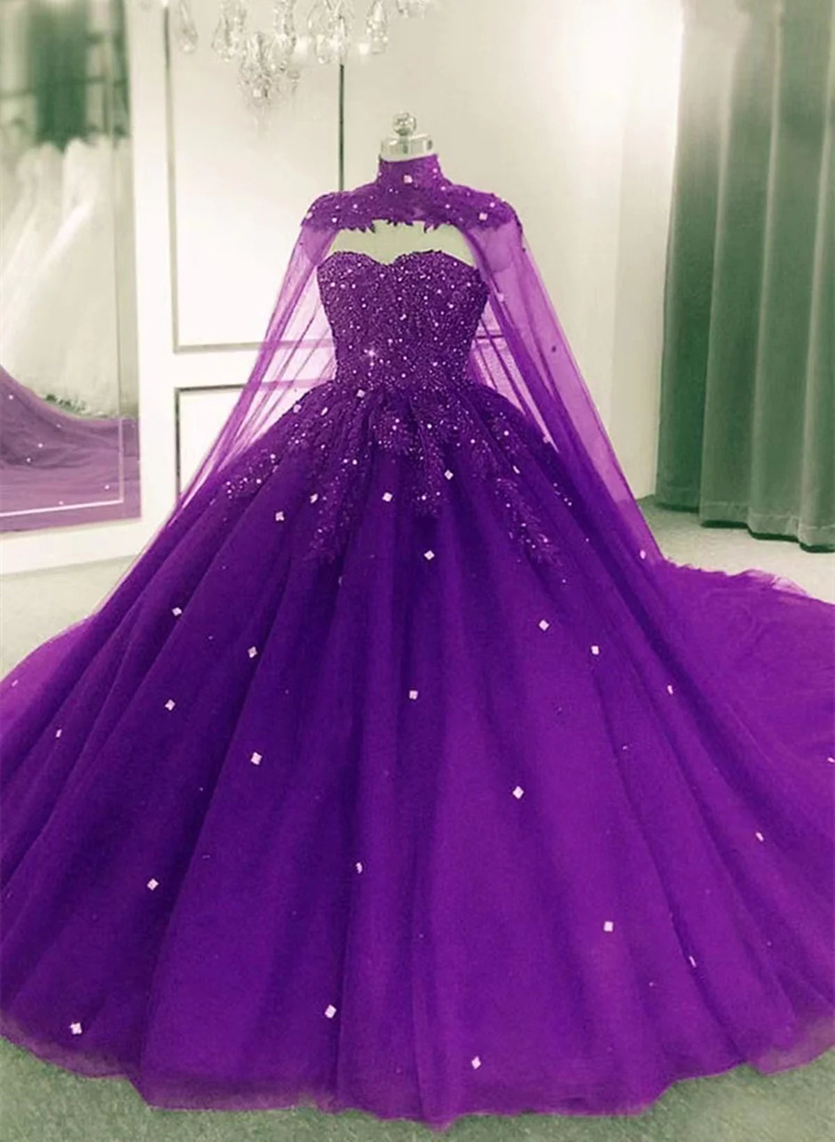 Glam Tulle Purple Ball Gown Sweet 16 Dress with Cape, Purple Long Party Dress TP1131
