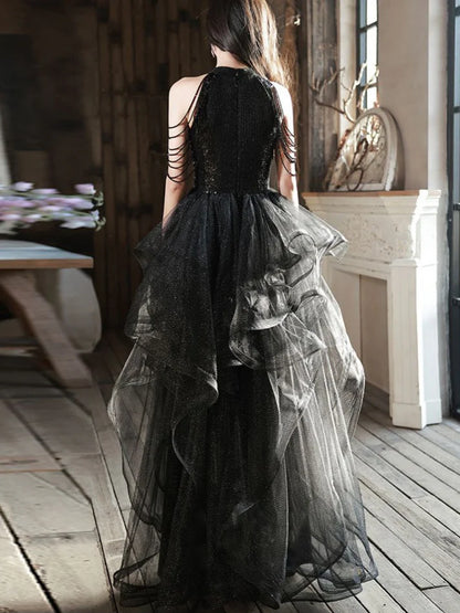 A-line Sequins with Tulle Wine Red Long Party Dress, Wine Red Halter Prom Dress TP1132