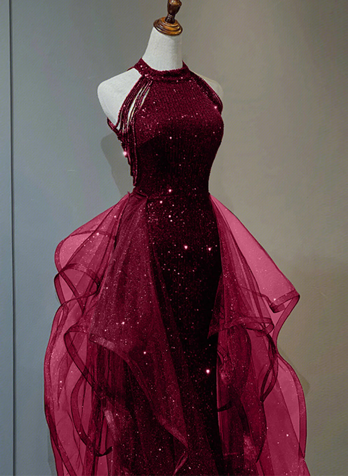 A-line Sequins with Tulle Wine Red Long Party Dress, Wine Red Halter Prom Dress TP1132