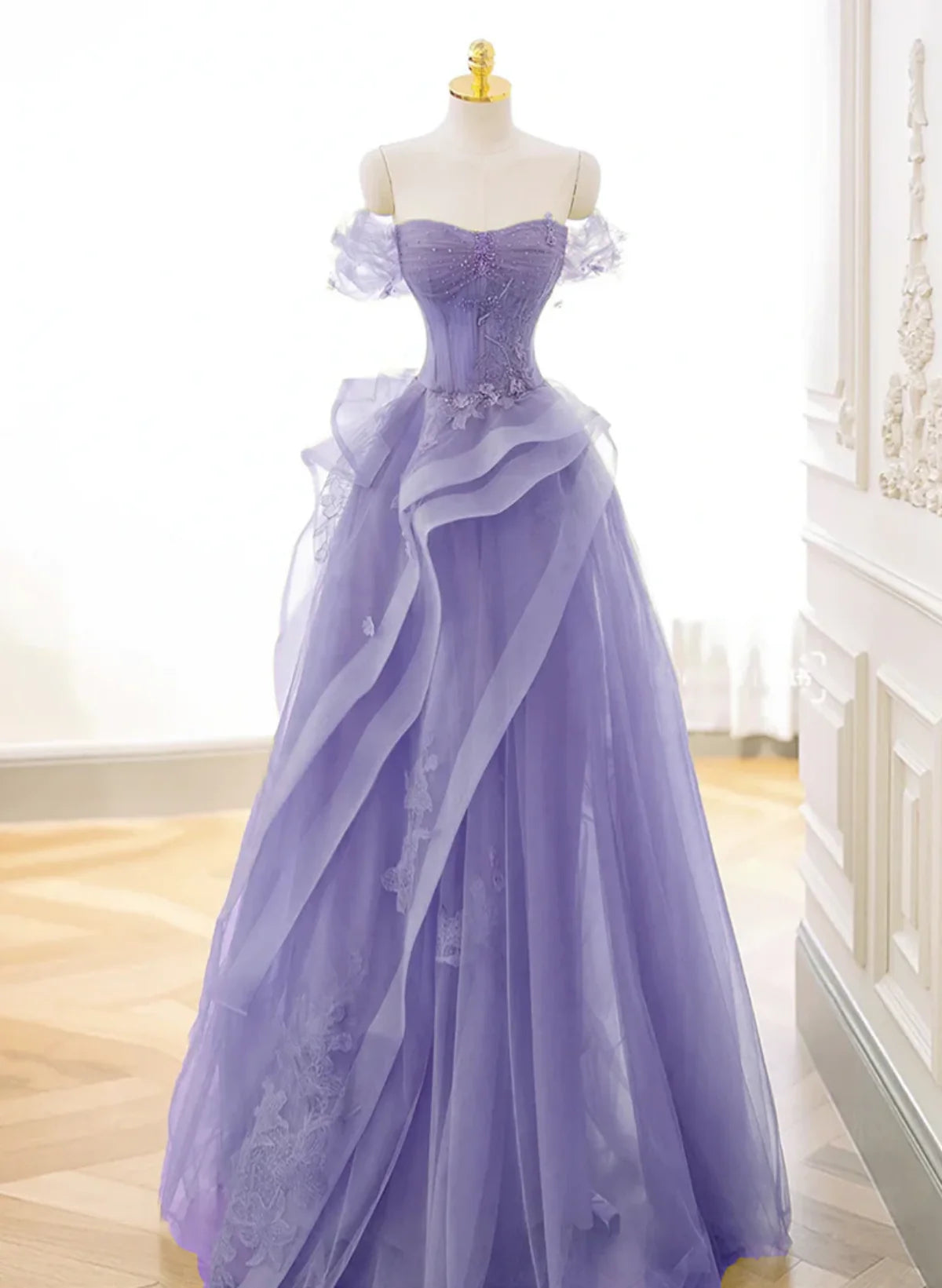 Purple A-line Tulle Off Shoulder Long Prom Dress, Purple Lace Evening Dress TP1133