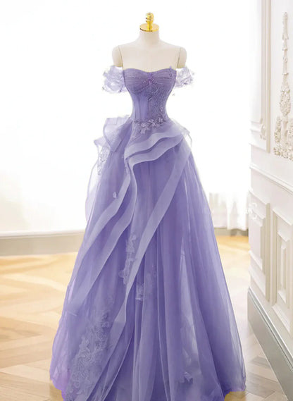 Purple A-line Tulle Off Shoulder Long Prom Dress, Purple Lace Evening Dress TP1133