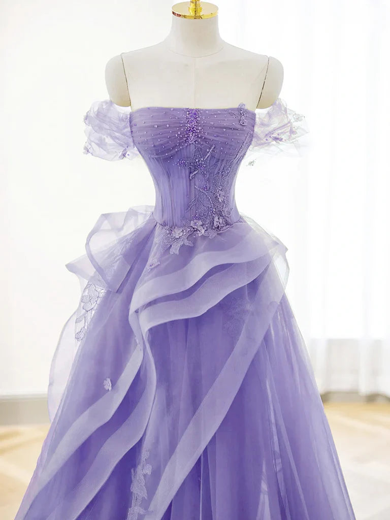 Purple A-line Tulle Off Shoulder Long Prom Dress, Purple Lace Evening Dress TP1133