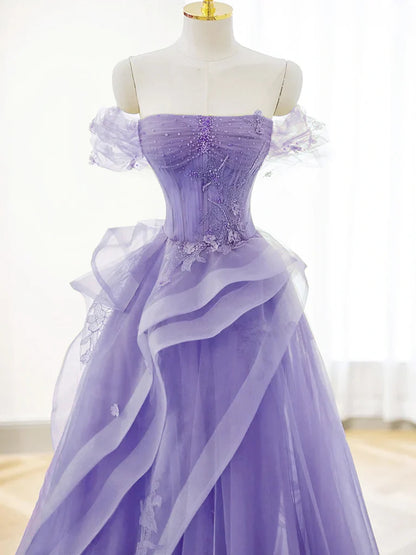 Purple A-line Tulle Off Shoulder Long Prom Dress, Purple Lace Evening Dress TP1133