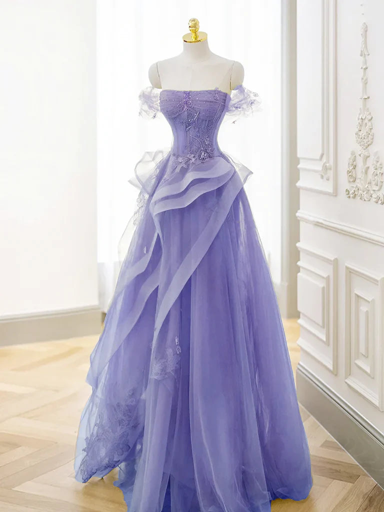 Purple A-line Tulle Off Shoulder Long Prom Dress, Purple Lace Evening Dress TP1133