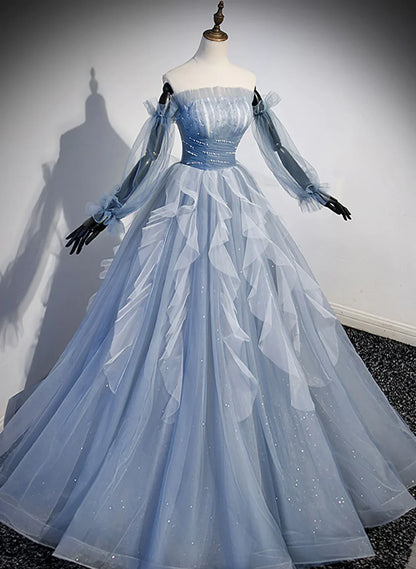 Blue Ball Gown Long Sleeves Beaded Party Dress, Blue Prom Dress Sweet 16 Dress TP1134