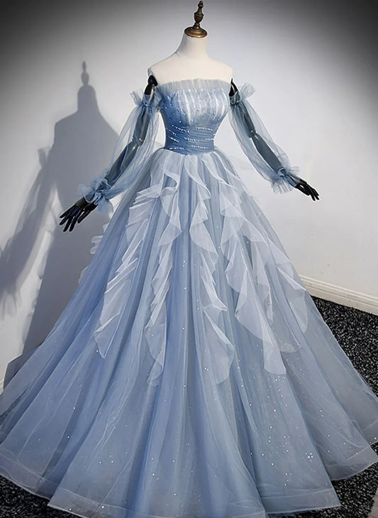 Blue Ball Gown Long Sleeves Beaded Party Dress, Blue Prom Dress Sweet 16 Dress TP1134