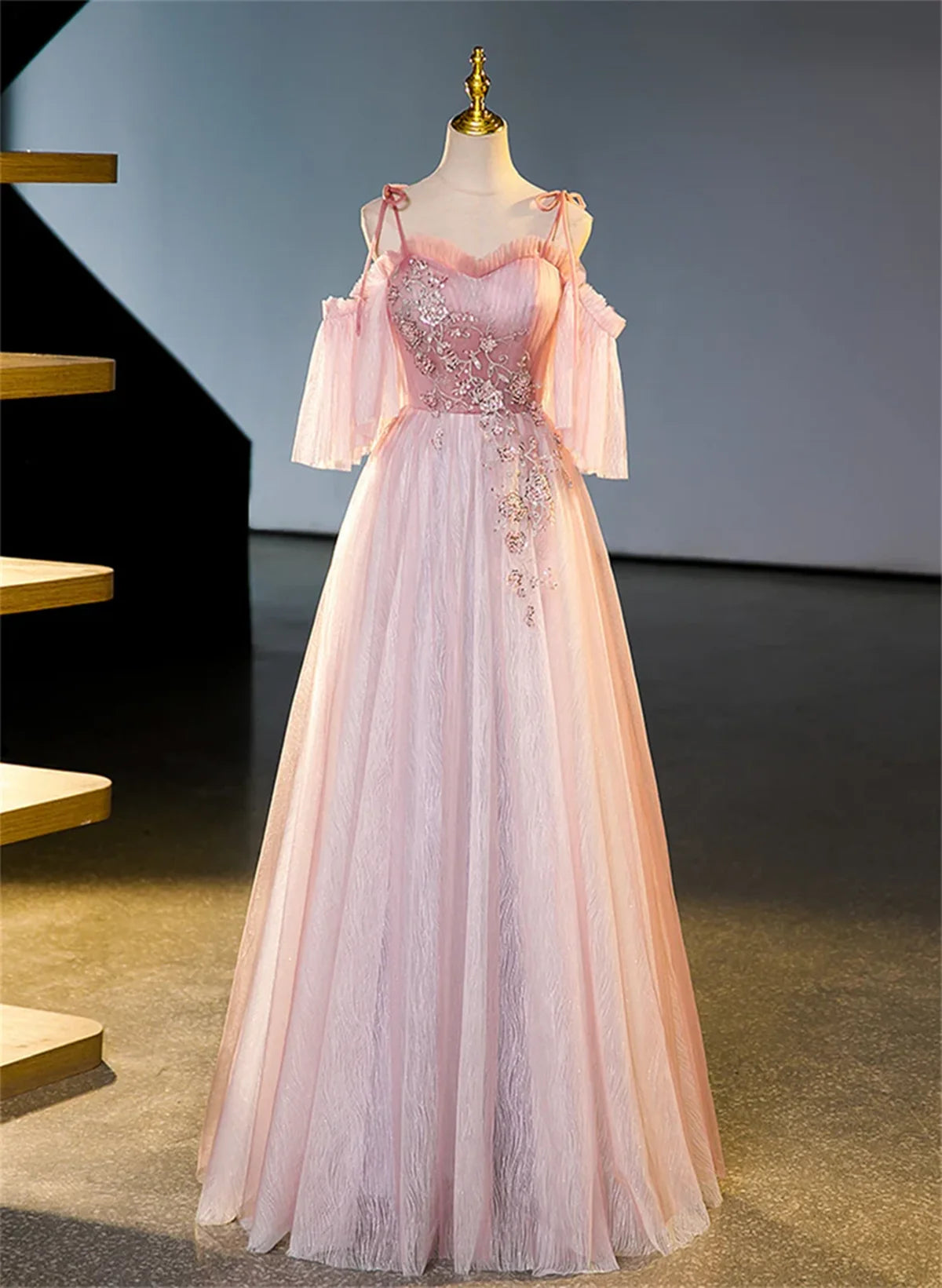 Pink Tulle Off Shoulder Beaded A-line Prom Dress, Pink Tulle Long Party Dress TP1135