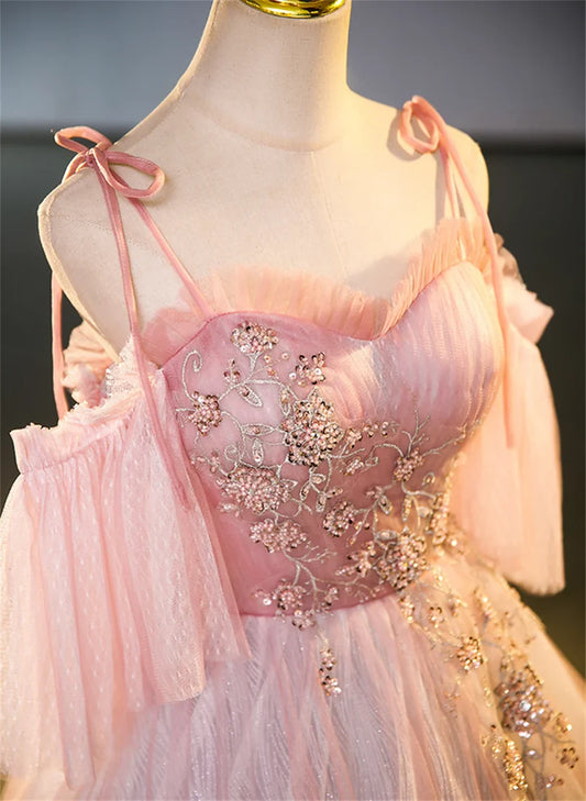 Pink Tulle Off Shoulder Beaded A-line Prom Dress, Pink Tulle Long Party Dress TP1135