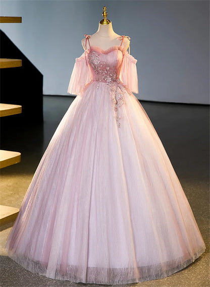 Pink Tulle Off Shoulder Beaded A-line Prom Dress, Pink Tulle Long Party Dress TP1135