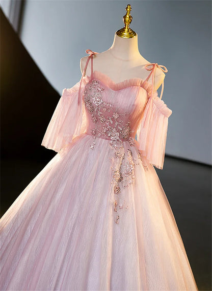 Pink Tulle Off Shoulder Beaded A-line Prom Dress, Pink Tulle Long Party Dress TP1135