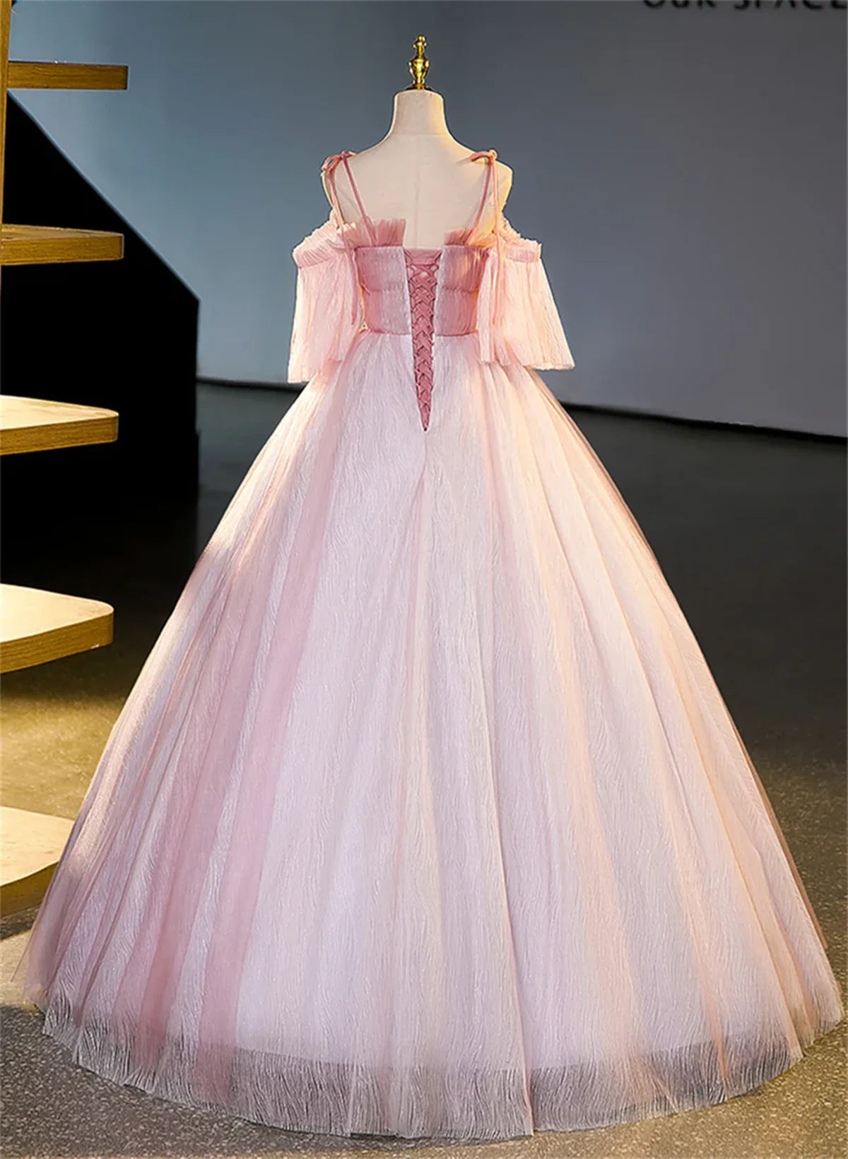 Pink Tulle Off Shoulder Beaded A-line Prom Dress, Pink Tulle Long Party Dress TP1135