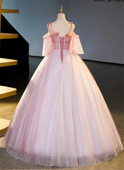 Pink Tulle Off Shoulder Beaded A-line Prom Dress, Pink Tulle Long Party Dress TP1135