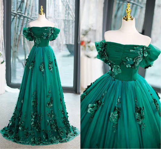 Green Off Shouldr Ball Gown Flowers Tulle Formal Dress, Green Floor Length Party Dress TP1137