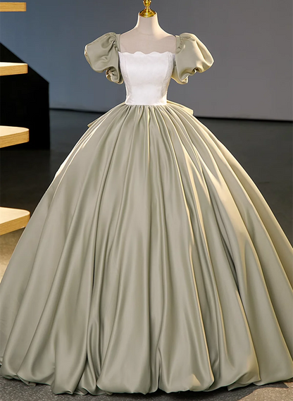 Green Short Sleeves Ball Gown Satin Long Sweetheart Dress, Green Long Formal Dress TP1138