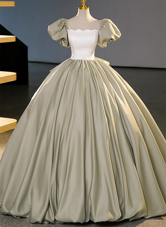 Green Short Sleeves Ball Gown Satin Long Sweetheart Dress, Green Long Formal Dress TP1138