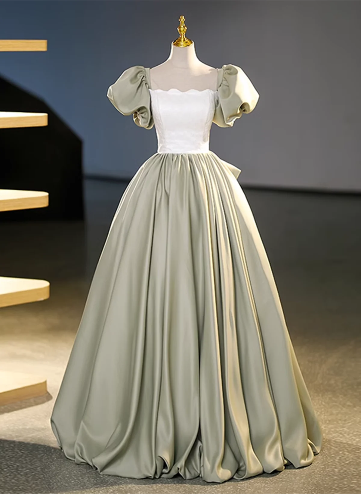 Green Short Sleeves Ball Gown Satin Long Sweetheart Dress, Green Long Formal Dress TP1138