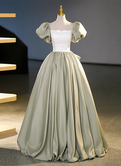 Green Short Sleeves Ball Gown Satin Long Sweetheart Dress, Green Long Formal Dress TP1138