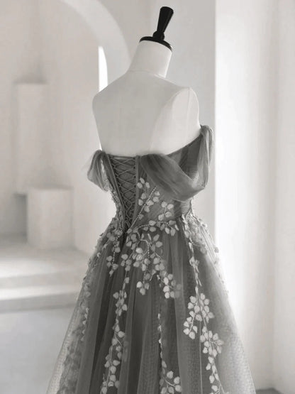 Grey Sweetheart Off Shoulder Tulle Long Party Dress, A-line Grey Prom Dress Evening Dress TP1140