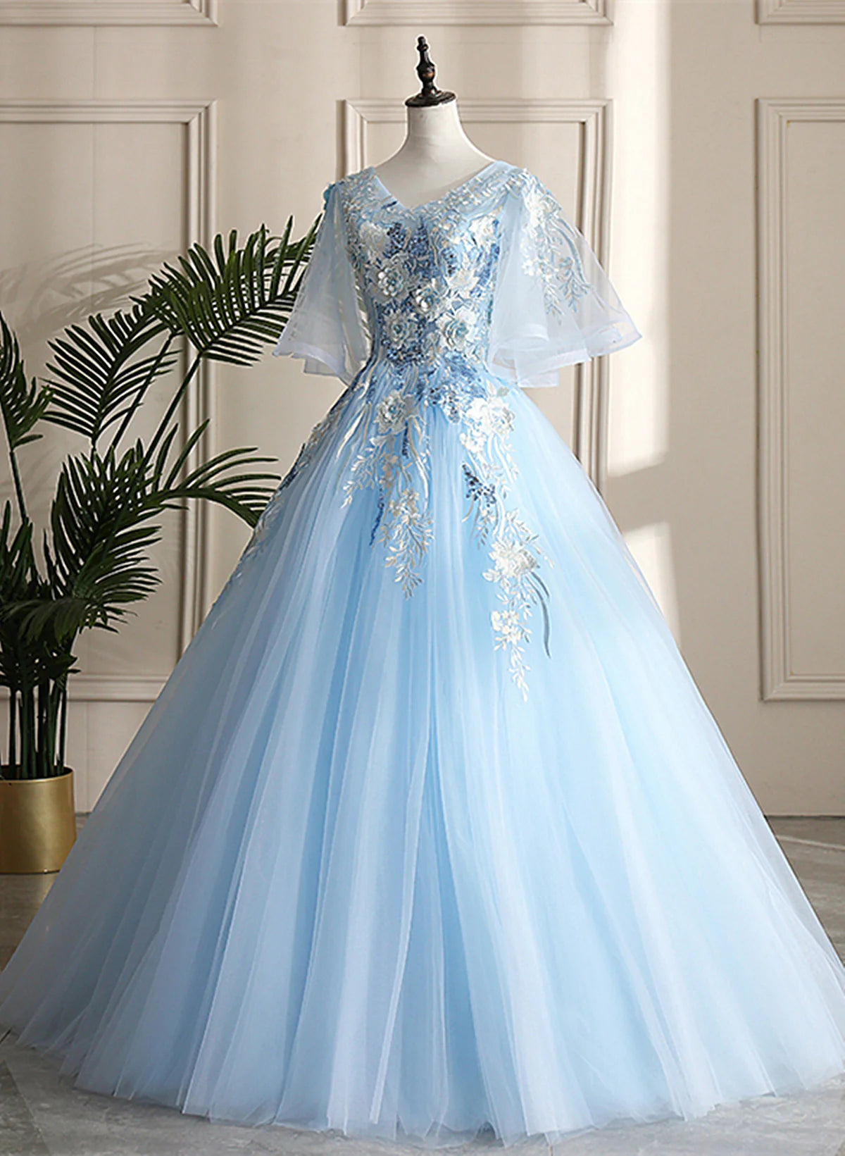 Light Blue Ball Gown V-neckline Puffy Sleeves Party Dress, Light Blue Sweetheart 16 Dress TP1141