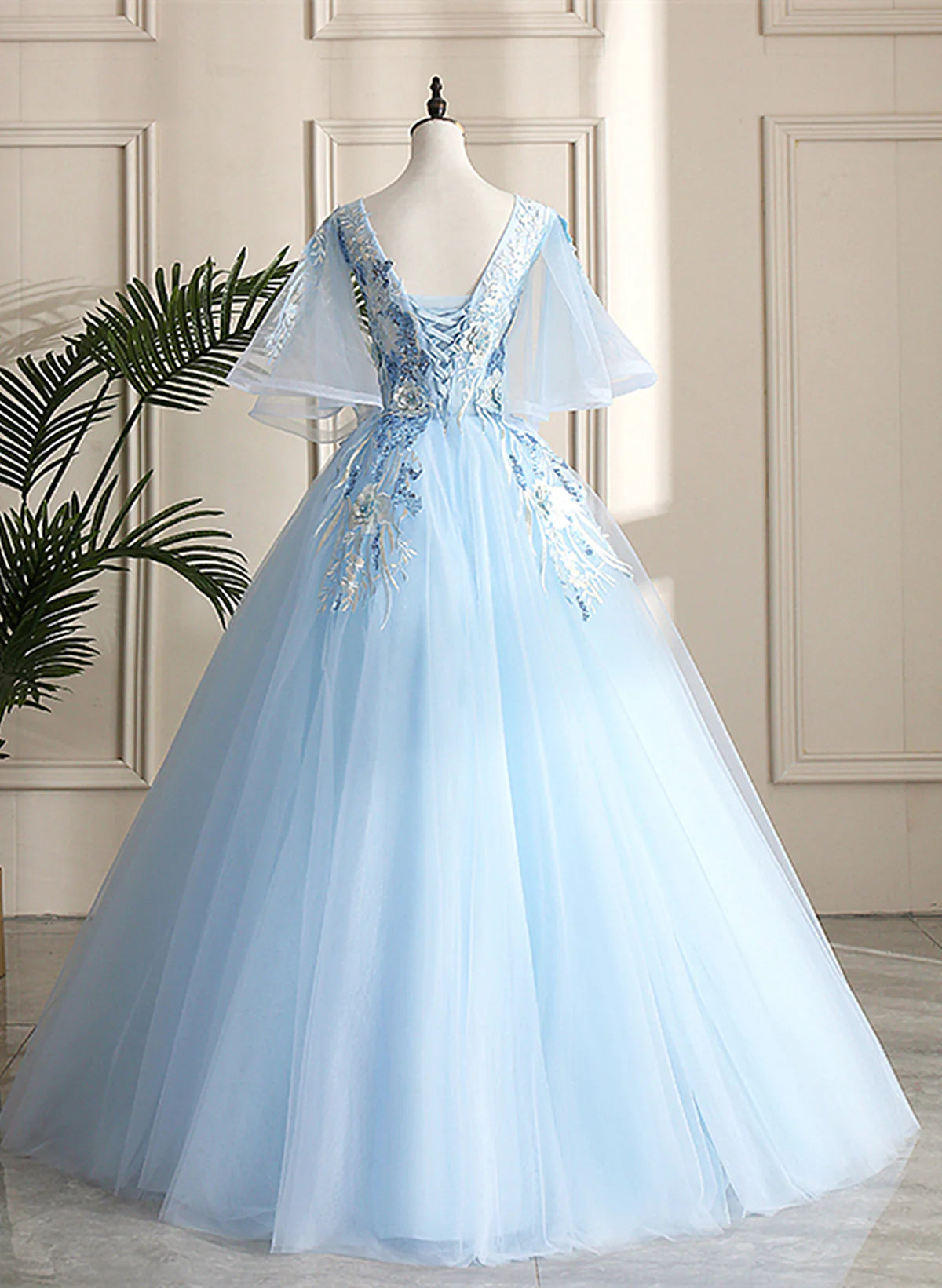Light Blue Ball Gown V-neckline Puffy Sleeves Party Dress, Light Blue Sweetheart 16 Dress TP1141